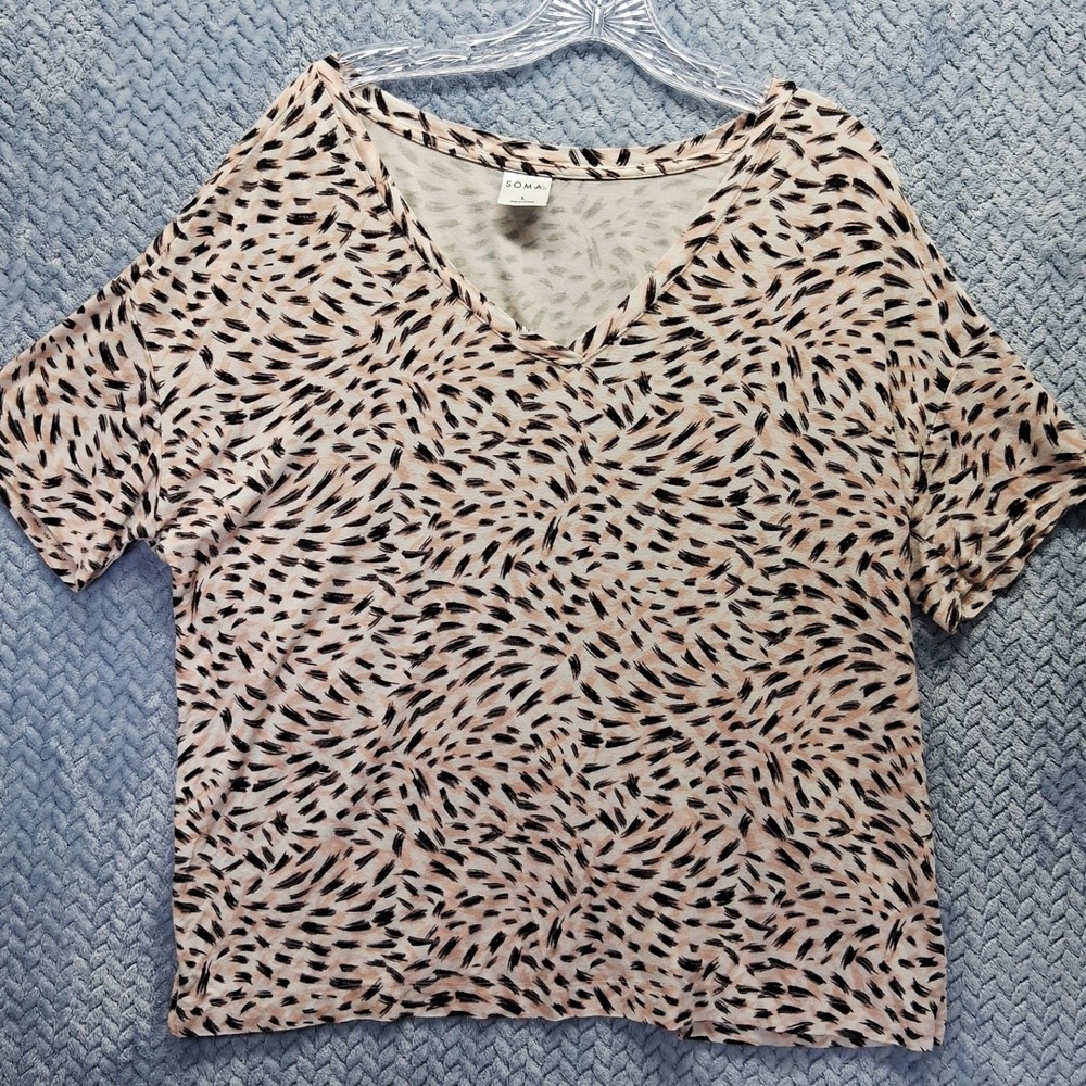 Soma‎ Intimates Womens Large V-Neck Lounge Top Pink Black Abstract Animal Print